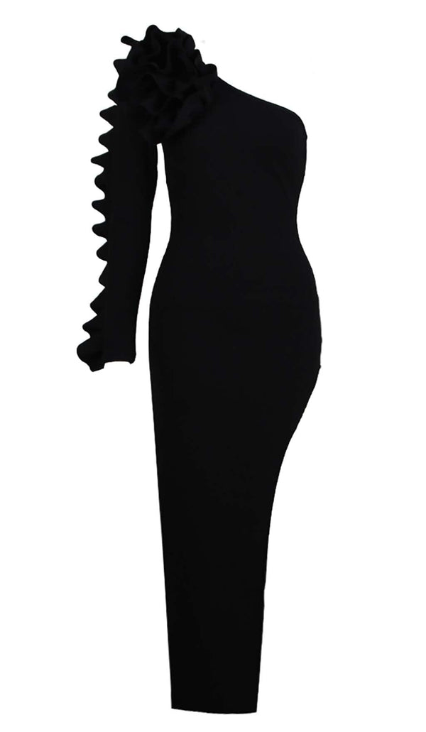 ASYMMETRIC ONE SLEEVE MIDI DRESS IN BLACK DRESS styleofcb