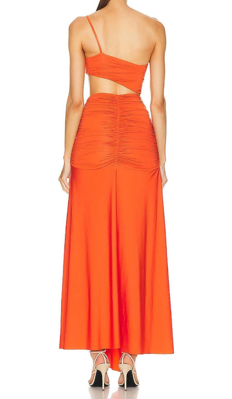 ASYMMETRIC RUCHED JERSEY MAXI DRESS IN ORANGE DRESS sis label 