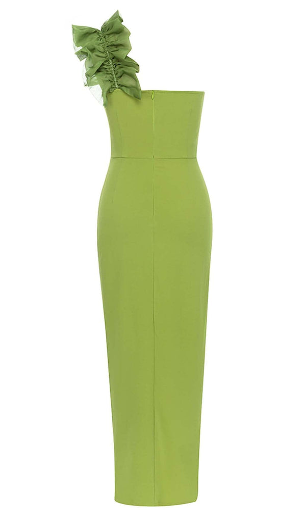 ASYMMETRICAL NECK SPLIT THIGH MIDI DRESS IN GREEN styleofcb 