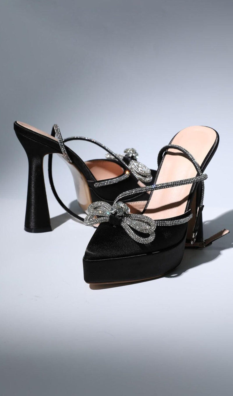 BOW CRYSTAL SATIN HEELS IN BLACK