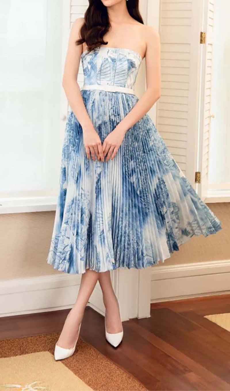 BANDEAU PLEATED MIDI DRESS IN BLUE styleofcb 