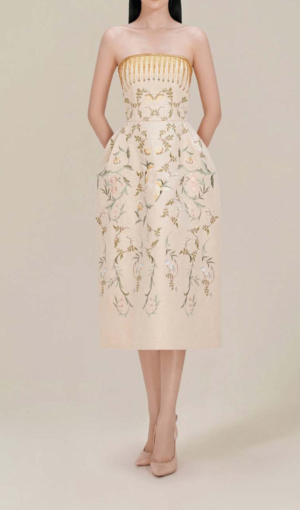 BANDEAU PRINTED JUNGLE MIDI DRESS IN BEIGE DRESS STYLE OF CB 