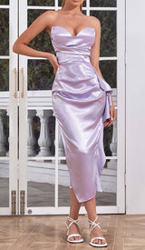 BANDEAU RUCHED SATIN MIDI DRESS IN LILAC DRESS STYLE OF CB 