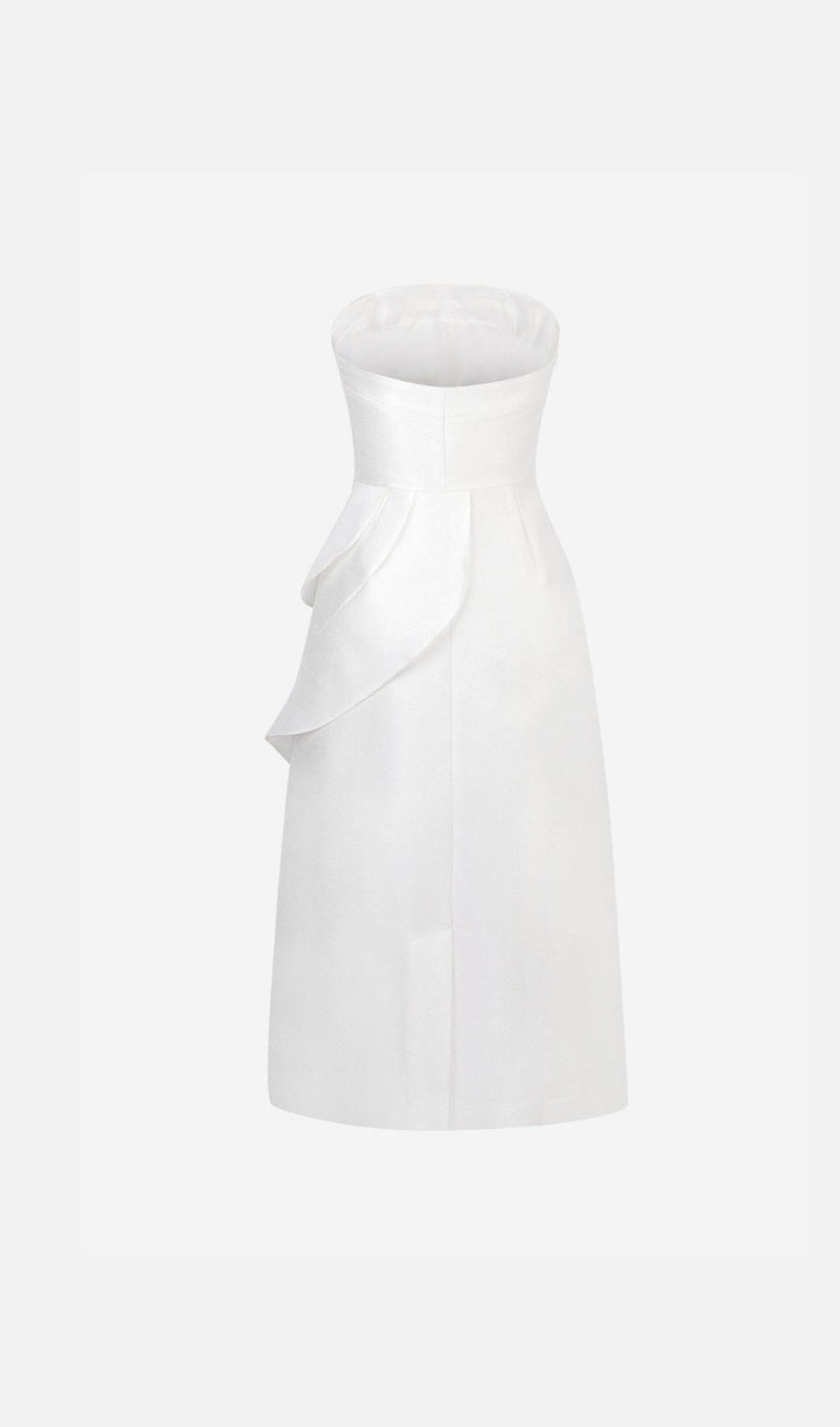 BANDEAU RUFFLES MIDI DRESS IN WHITE styleofcb 