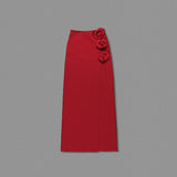 RED WOOL-SILK ROSE-EMBELLISHED SKIRT