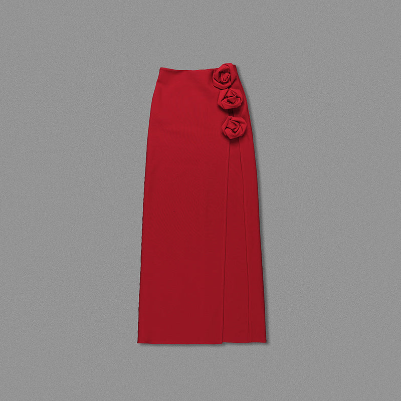 RED WOOL-SILK ROSE-EMBELLISHED SKIRT