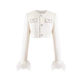 CHANEL'S STYLE WITH FEATHER SHORT SKIRT SUIT IN WHITE