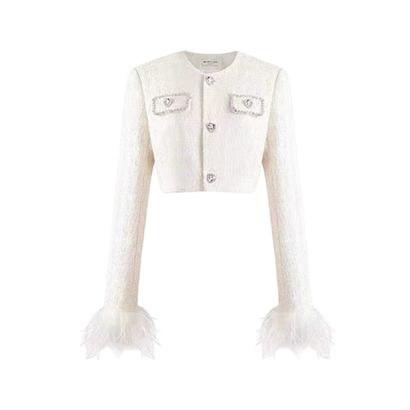 CHANEL'S STYLE WITH FEATHER SHORT SKIRT SUIT IN WHITE