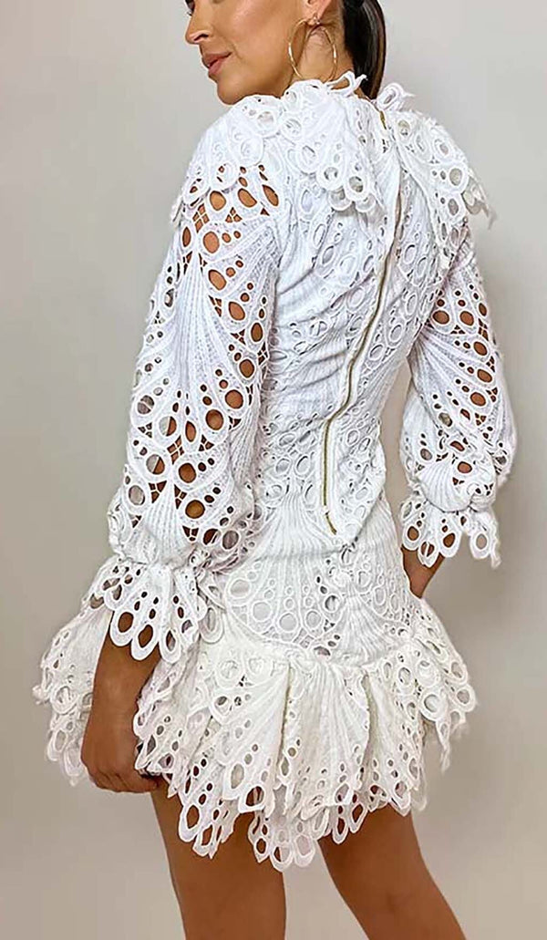 BLOUSON-SLEEVE FLOUNCE EYELET MINI DRESS DRESS STYLE OF CB 