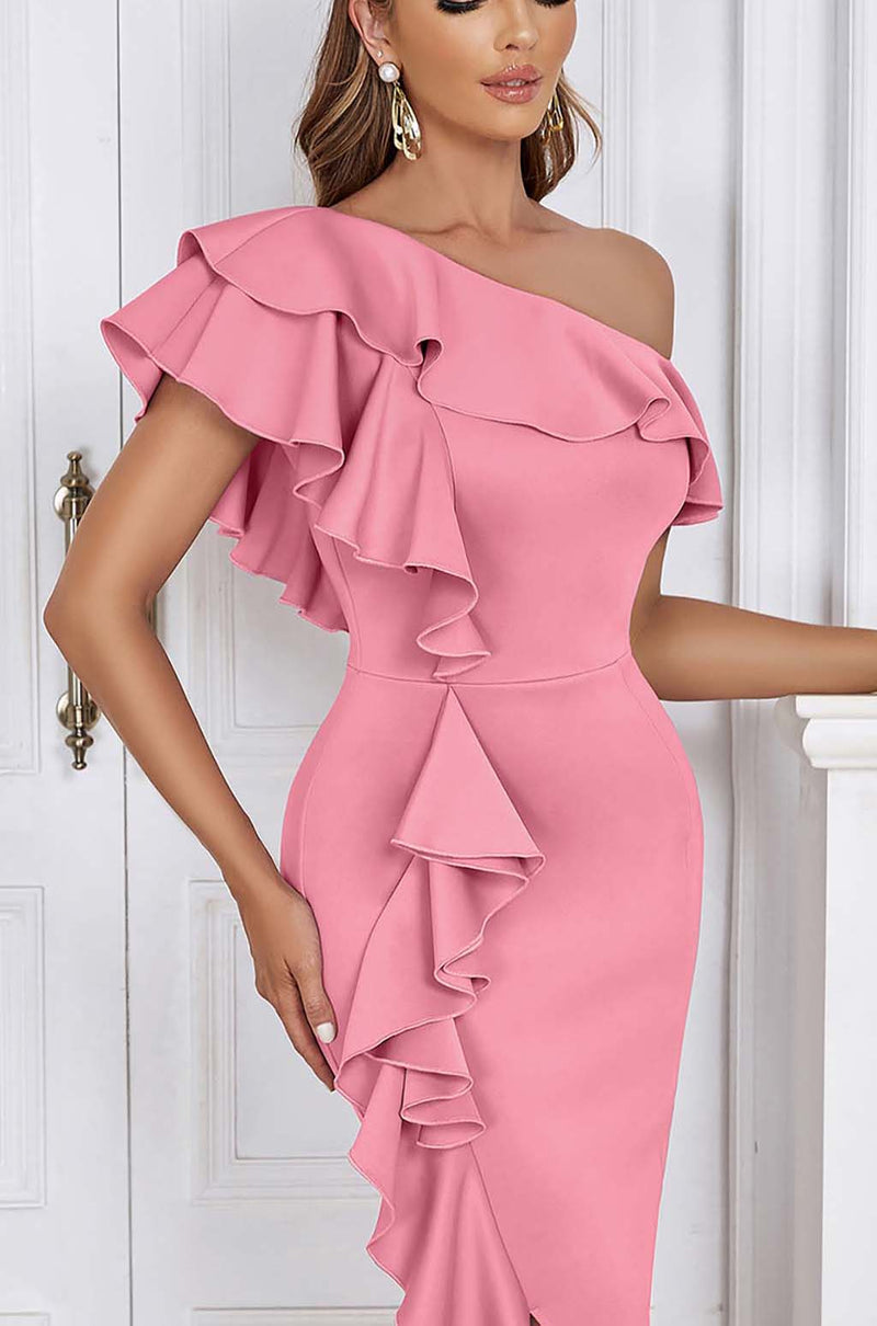 BODYCON RUFFLE MIDI DRESS IN PINK