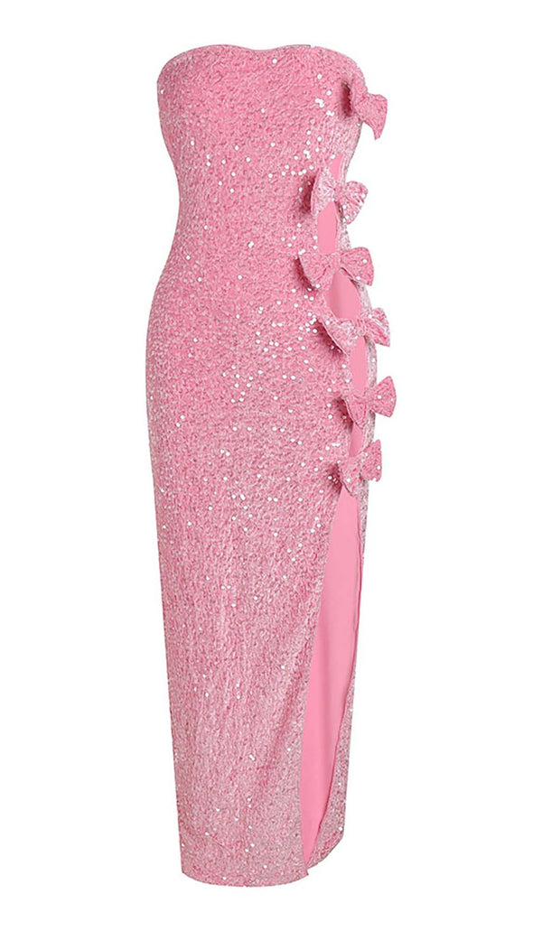 BOW DETAIL SEQUIN MAXI DRESS IN PINK