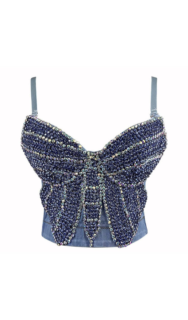 BOW-EMBELLISHED DENIM CROPPED TOP IN NAVY BLUE