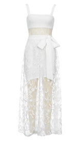 BOW-EMBELLISHED LACE MIDI DRESS IN WHITE