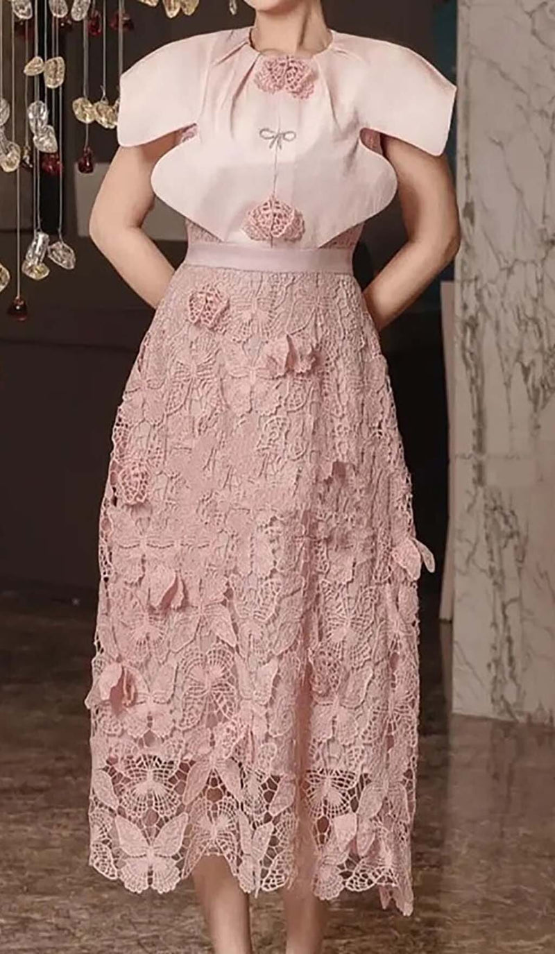 BUTTERFLY EMBROIDERY CLOAK SLEEVE MIDI DRESS IN PINK DRESS STYLE OF CB 