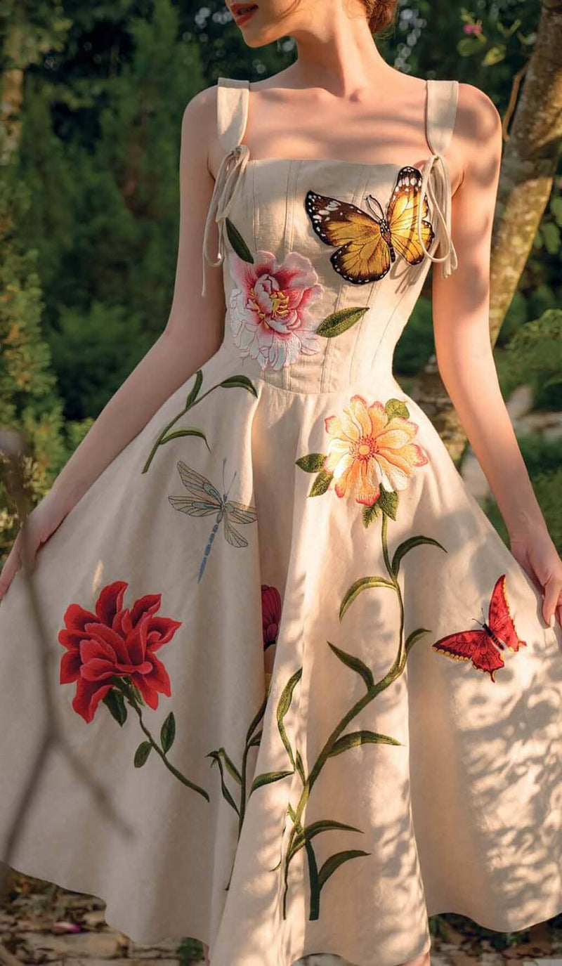 BUTTERFLY FLOWER PRINY MIDI DRESS IN GRAY DRESS styleofcb