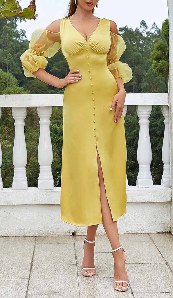 BUTTON FRONT SPLIT THIGH MIDI DRESS IN YELLOW DRESS sis label 