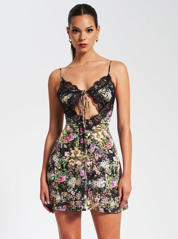 FLORAL PRINT SATIN MINI DRESS WITH LACE TRIM Dresses styleofcb 