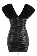 BLACK RUCHED SHAWL LEATHER COAT DRESS