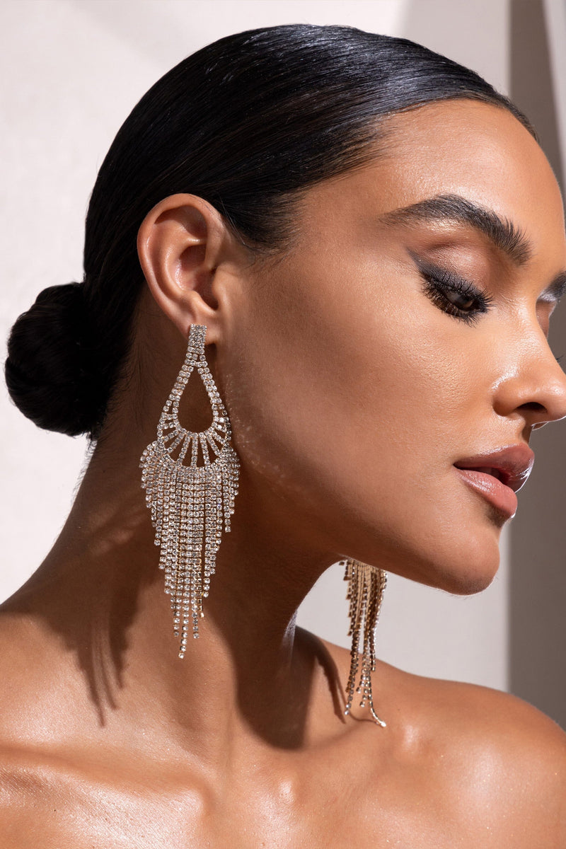 GOLD DIAMANTE TEARDROP TASSEL EARRINGS JEWELLERY styleofcb 