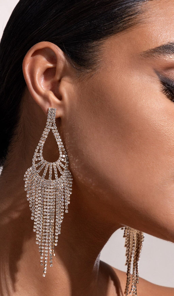 GOLD DIAMANTE TEARDROP TASSEL EARRINGS JEWELLERY styleofcb 