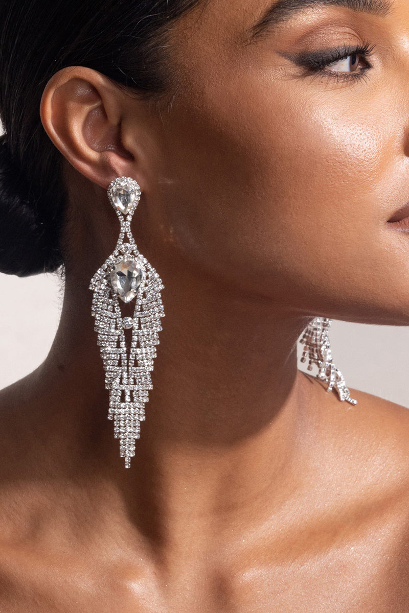 SILVER DIAMANTE TASSEL TEARDROP DROP EARRINGS JEWELLERY styleofcb 