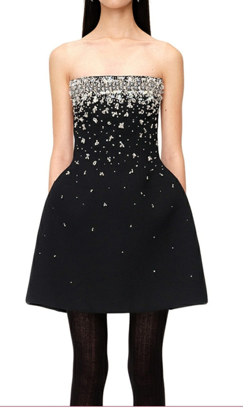 CRYSTAL BEADING STRAPLESS MINI DRESS IN BLACK DRESS styleofcb