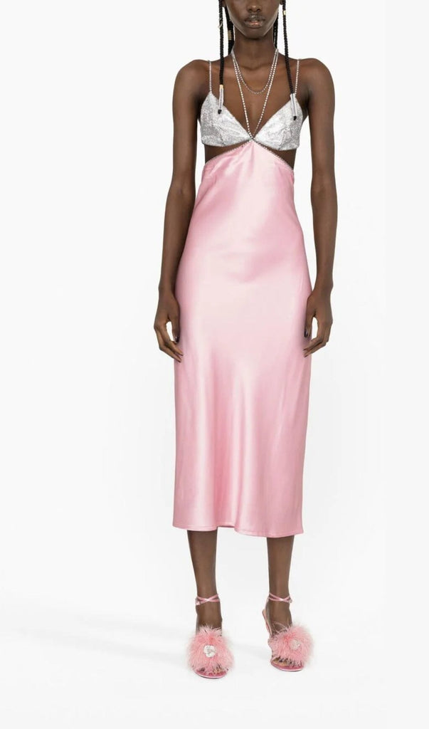 CRYSTAL-EMBELLISHED SLIP MIDI DRESS IN PINK DRESS STYLE OF CB 