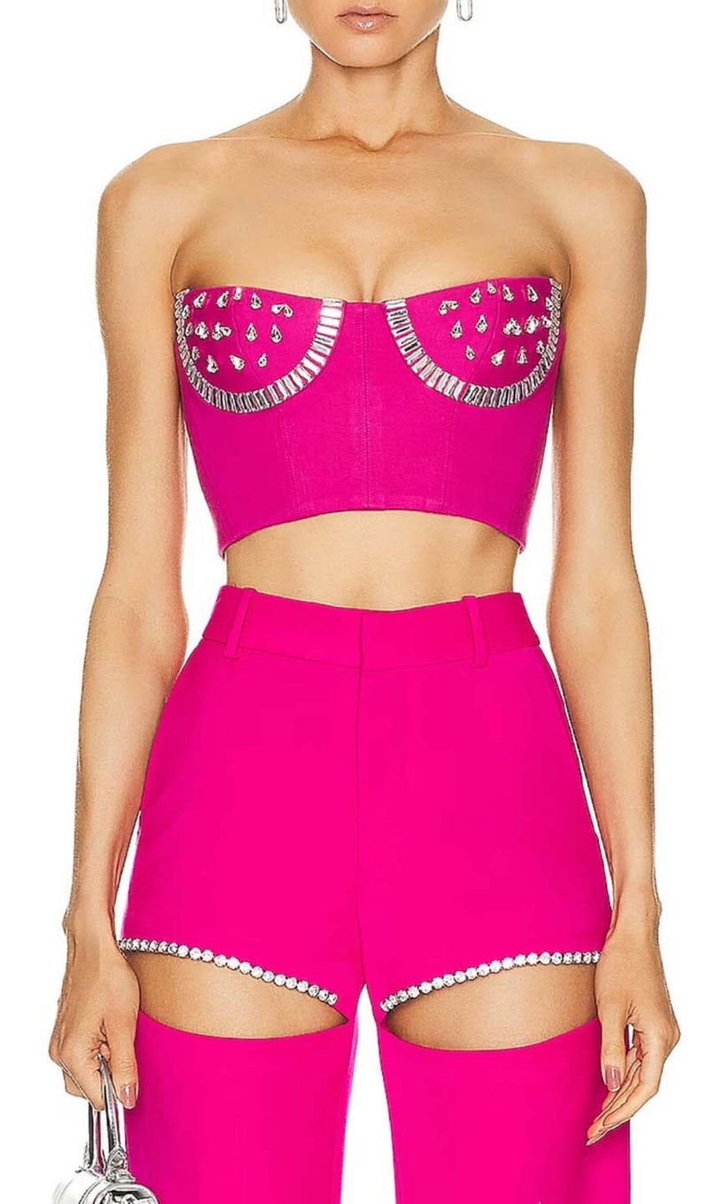 CRYSTAL STITCHED CUTOUT TWO PIECE SET IN PINK DRESS sis label 