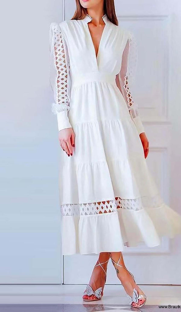 CUTWORK PLUNGE MIDI DRESS IN WHITE DRESS STYLE OF CB 