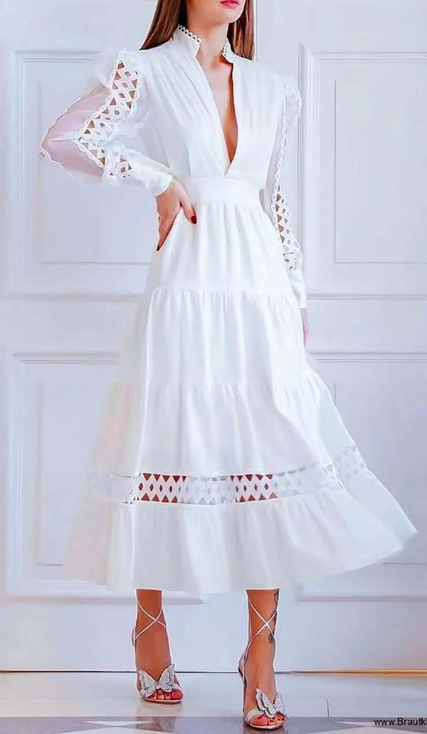 CUTWORK PLUNGE MIDI DRESS IN WHITE DRESS STYLE OF CB 