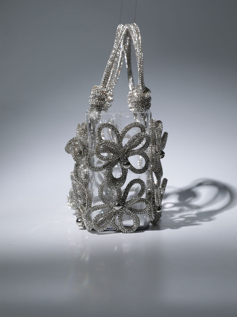 CRYSTAL FLOWER BAG IN SILVER