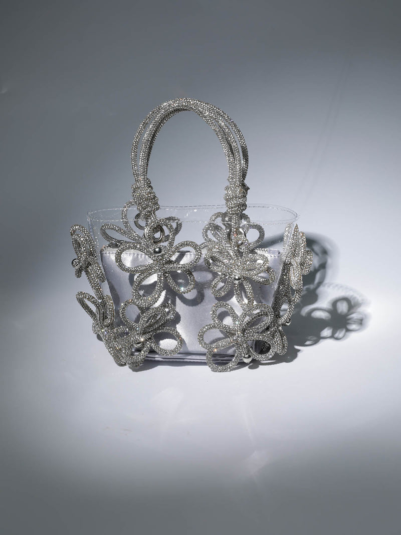 CRYSTAL FLOWER BAG IN SILVER