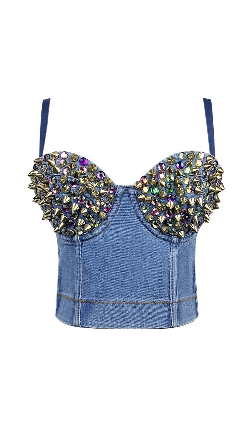 DENIM CRYSTAL CROPPED TOP IN BLUE