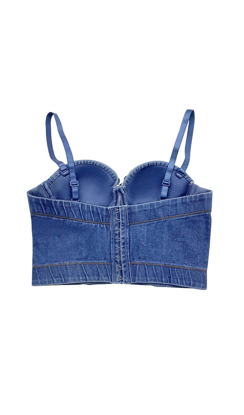 DENIM CRYSTAL CROPPED TOP IN BLUE