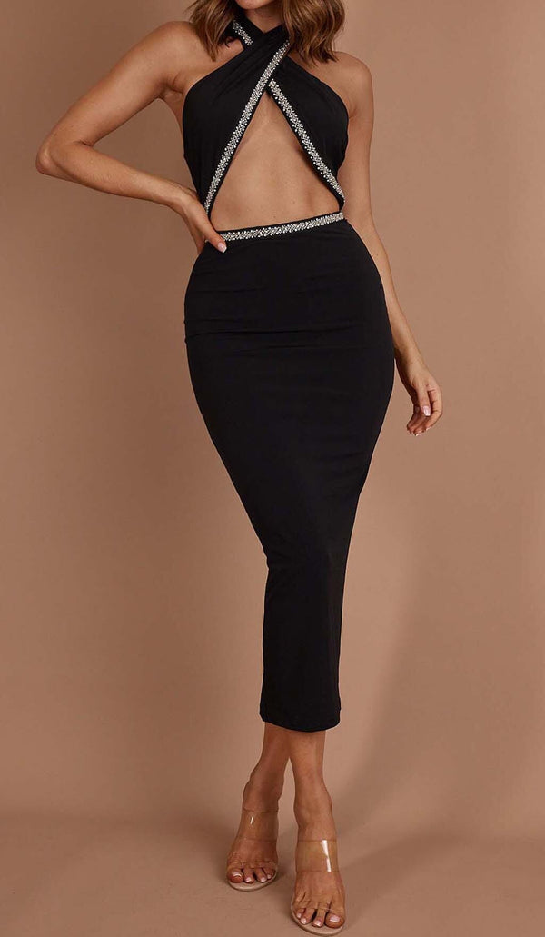 DIAMANTE TRIM MIDI DRESS IN BLACK DRESS STYLE OF CB 