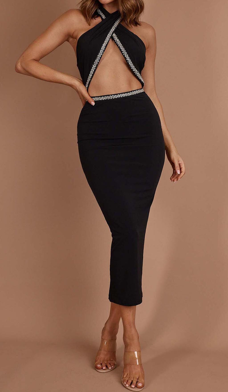 DIAMANTE TRIM MIDI DRESS IN BLACK DRESS STYLE OF CB 