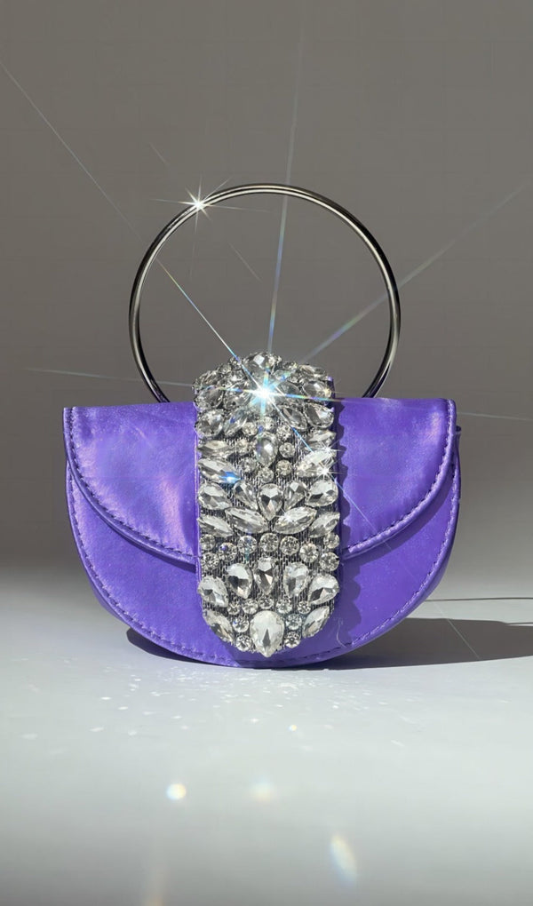 SATIN CRYSTAL CLUTCH IN PURPLE