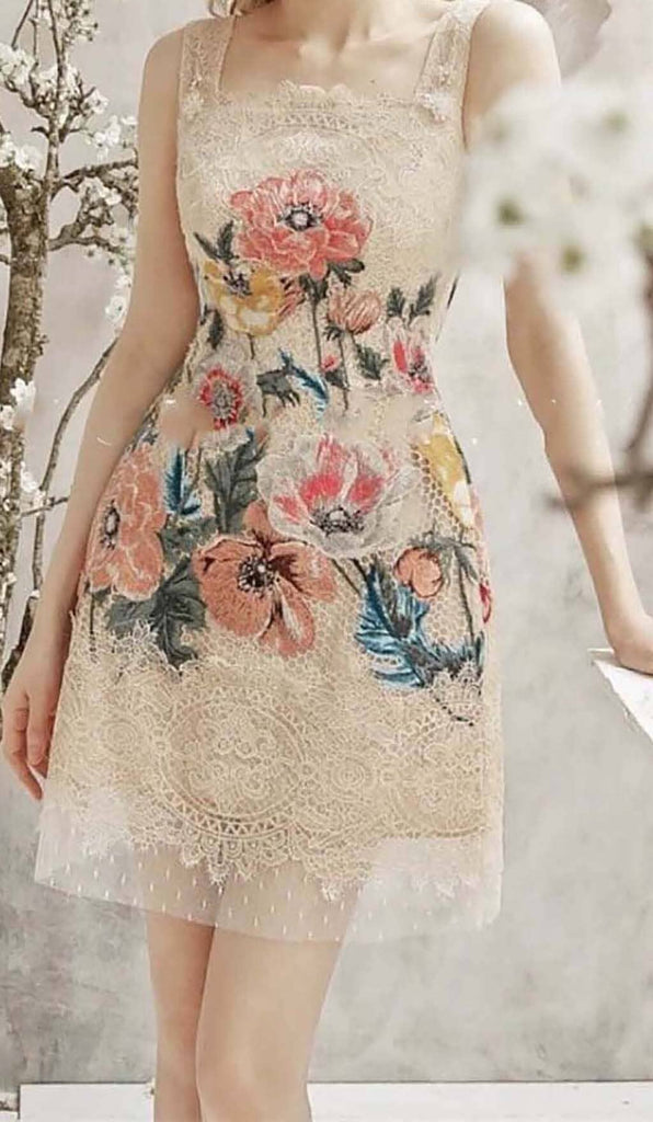 EMBROIDERY FLOWER LACE MIDI DRESS IN BEIGE styleofcb 