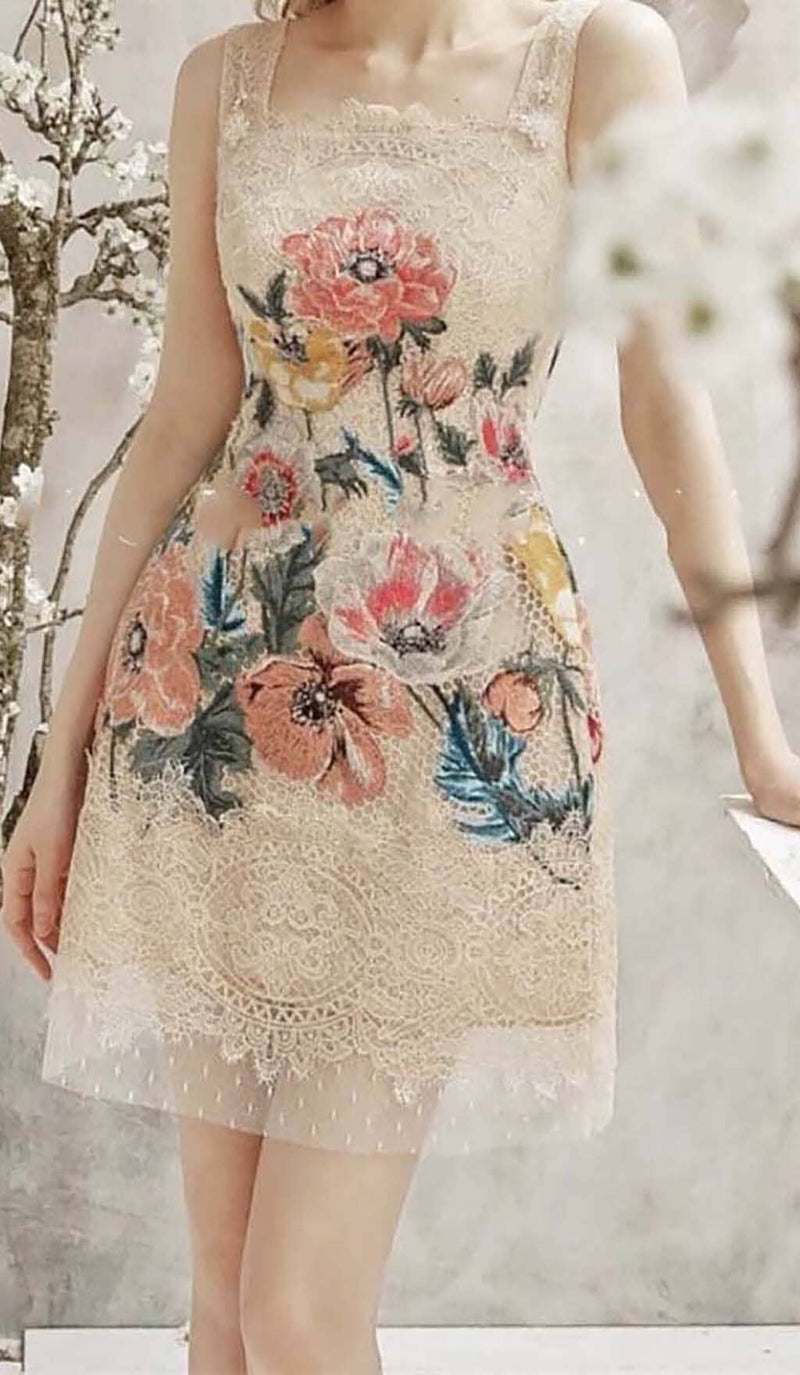 EMBROIDERY FLOWER LACE MIDI DRESS IN BEIGE styleofcb 