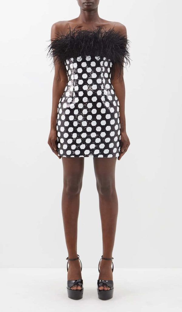 FEATHER TRIM POLKA DOT MINI DRESS DRESS STYLE OF CB 