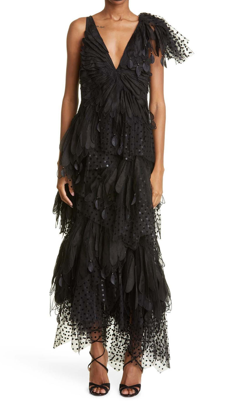 FEATHER V-NECK FLUTED MIDI DRESS IN BLACK STYLE OF CB 