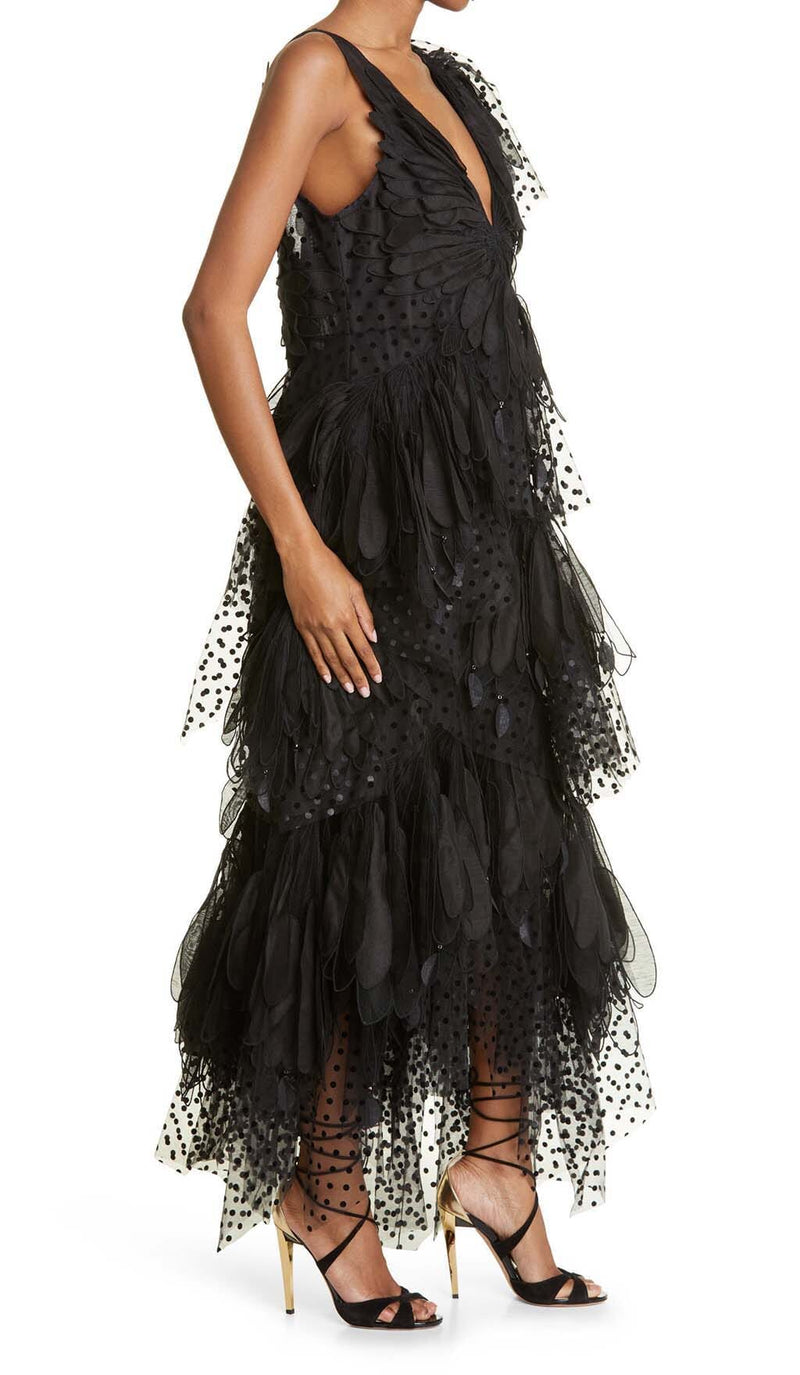 FEATHER V-NECK FLUTED MIDI DRESS IN BLACK STYLE OF CB 