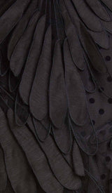 FEATHER V-NECK FLUTED MIDI DRESS IN BLACK STYLE OF CB 