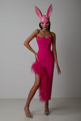 FEATHER HIGH-LOW DRESS IN HOT PINK