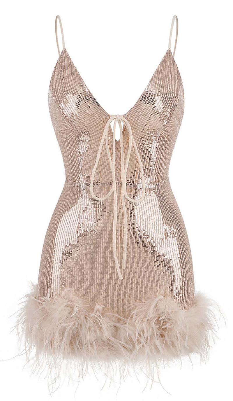 FEATHER PLUNGE MINI DRESS IN CREAMY BEIGE DRESS STYLE OF CB 