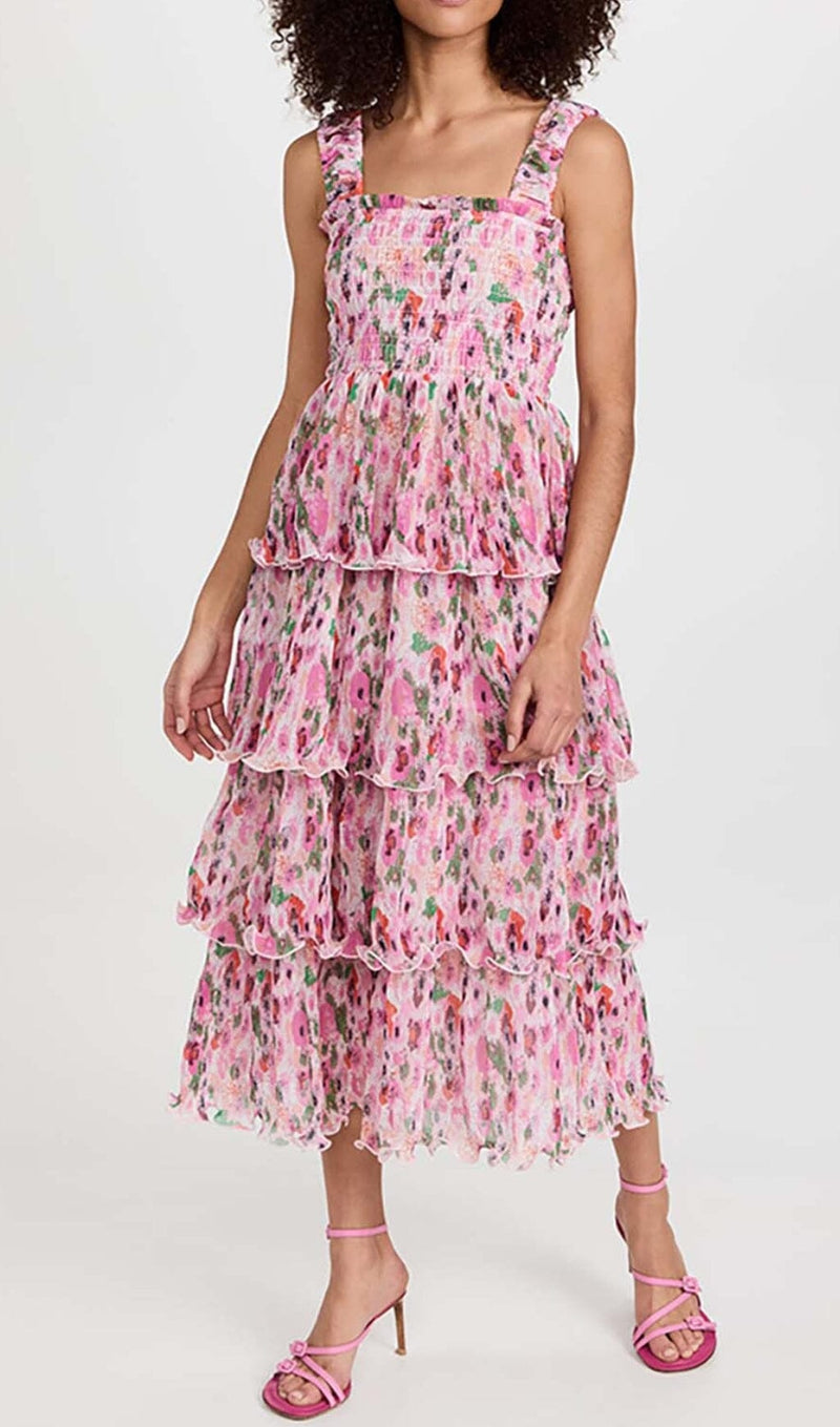 FLORAL-APPLIQUÉ TIERED MIDI DRESS IN PINK DRESS STYLE OF CB 