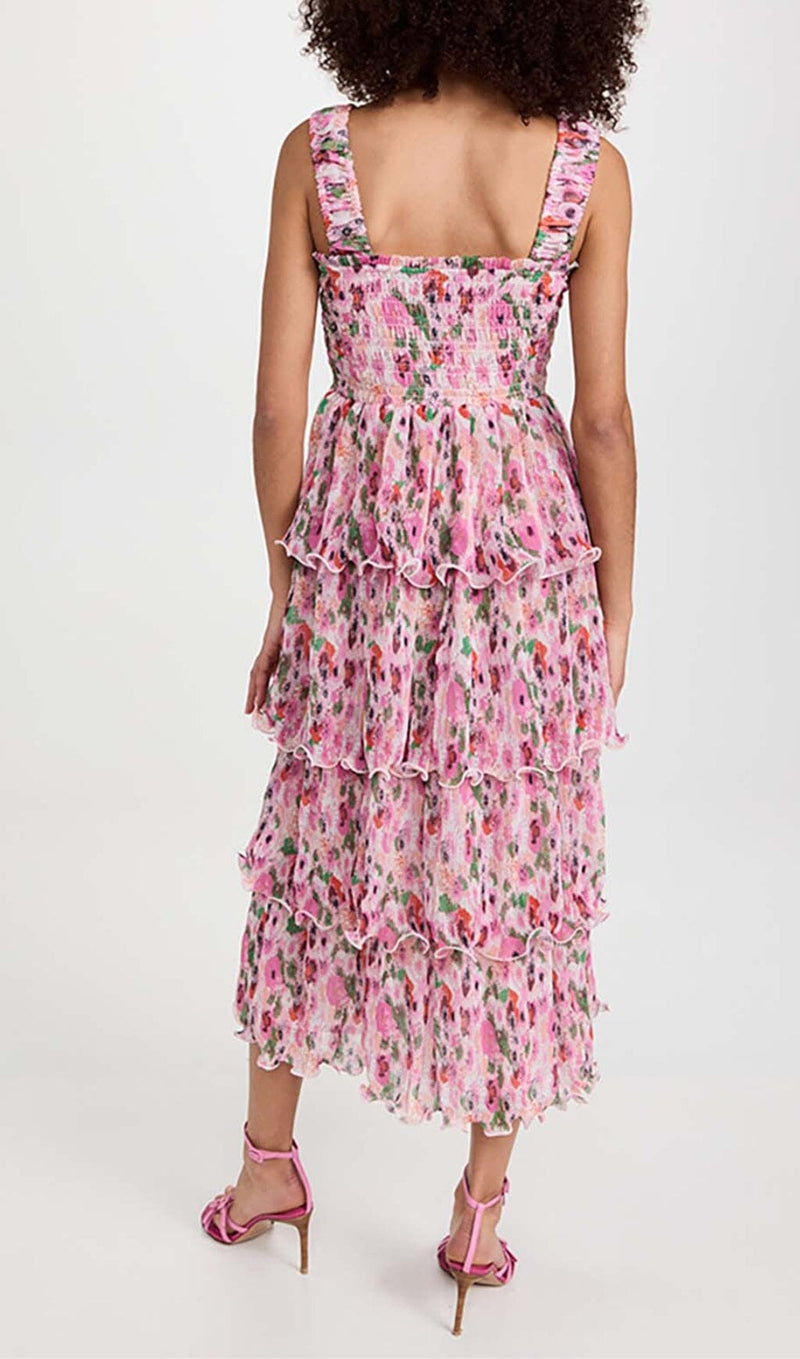 FLORAL-APPLIQUÉ TIERED MIDI DRESS IN PINK DRESS STYLE OF CB 