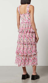 FLORAL-APPLIQUÉ TIERED MIDI DRESS IN PINK DRESS STYLE OF CB 