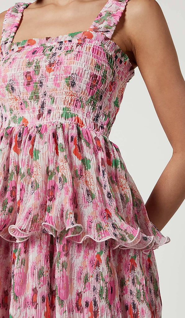 FLORAL-APPLIQUÉ TIERED MIDI DRESS IN PINK DRESS STYLE OF CB 