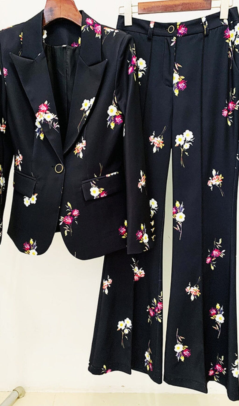 FLORAL PRINT FLARE JACKET SUIT IN BLACK DRESS STYLE OF CB 